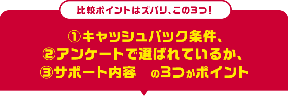 比較ポイントはズバリ、この3つ! (1)キャッシュバック条件、(2)アンケートで選ばれているか、(3)サポート内容 の3つがポイント!